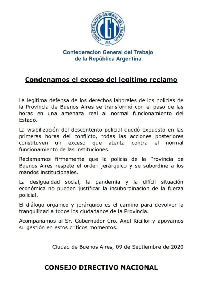 La CGT condenó «el exceso» del reclamo policial y afirmó que es una ...